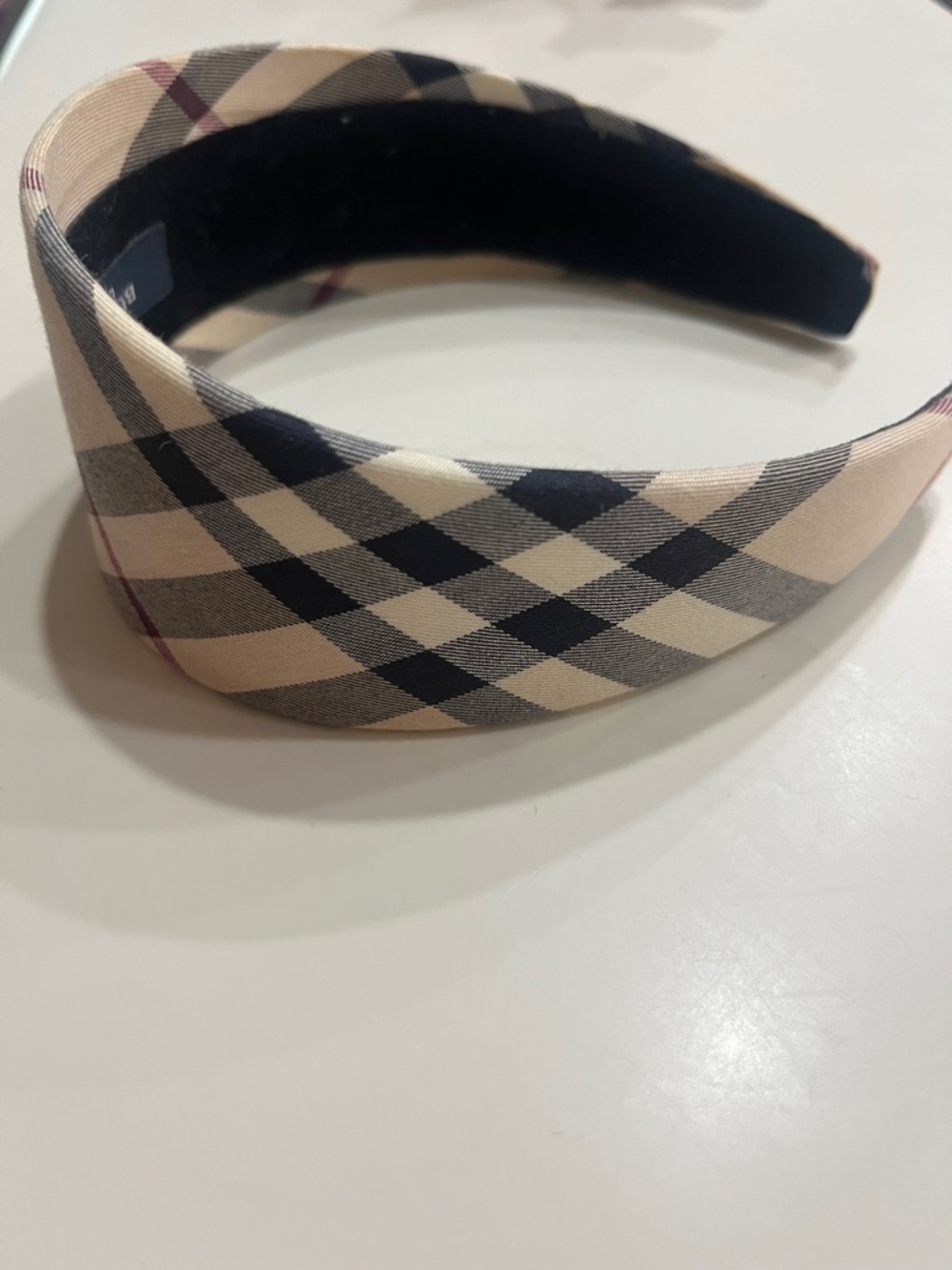 Burberry Beige Plaid Headband with Navy Label and Burgundy Stripes - Picture 2 of 5